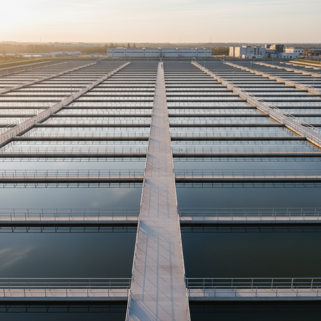 A high-standard water treatment and sanitation facility with uniformly arranged concrete basins containing calm, reflective water surfaces, separated by precisely aligned walkways and railings painted in neutral gray. In the distance, low-profile technical buildings with flat roofs and clean lines stand against a pale blue sky. The late afternoon sun provides soft, warm natural light, gently highlighting the edges of railings and casting orderly, parallel shadows across the basins. The camera is positioned at an elevated angle, using a wide composition that emphasizes symmetry, operational scale, and cleanliness. The mood is controlled, efficient, and reliable, with photographic realism, a restrained color palette of blues, grays, and light earth tones, and a balanced corporate aesthetic underscoring expertise in sanitation and infrastructure services.