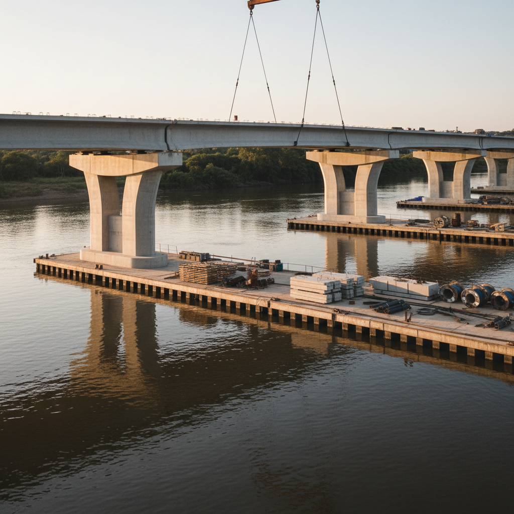 A modern Brazilian infrastructure project featuring a sleek reinforced concrete bridge span in mid-construction, its clean linear beams and symmetrical piers rising above a calm river with clearly visible reflections. On the riverbank, stacked precast elements and organized material pallets sit on a level, well-maintained platform. Late afternoon natural light casts soft, elongated shadows, gently highlighting the texture of the concrete surfaces and the subtle sheen of structural steel. The camera is positioned at eye level with a slight wide-angle, capturing the bridge from an elegant three-quarter view that communicates scale and technical sophistication. The mood is confident and stable, with a minimalist, corporate photographic style and a balanced, uncluttered composition that emphasizes engineering excellence and long-term infrastructure development.