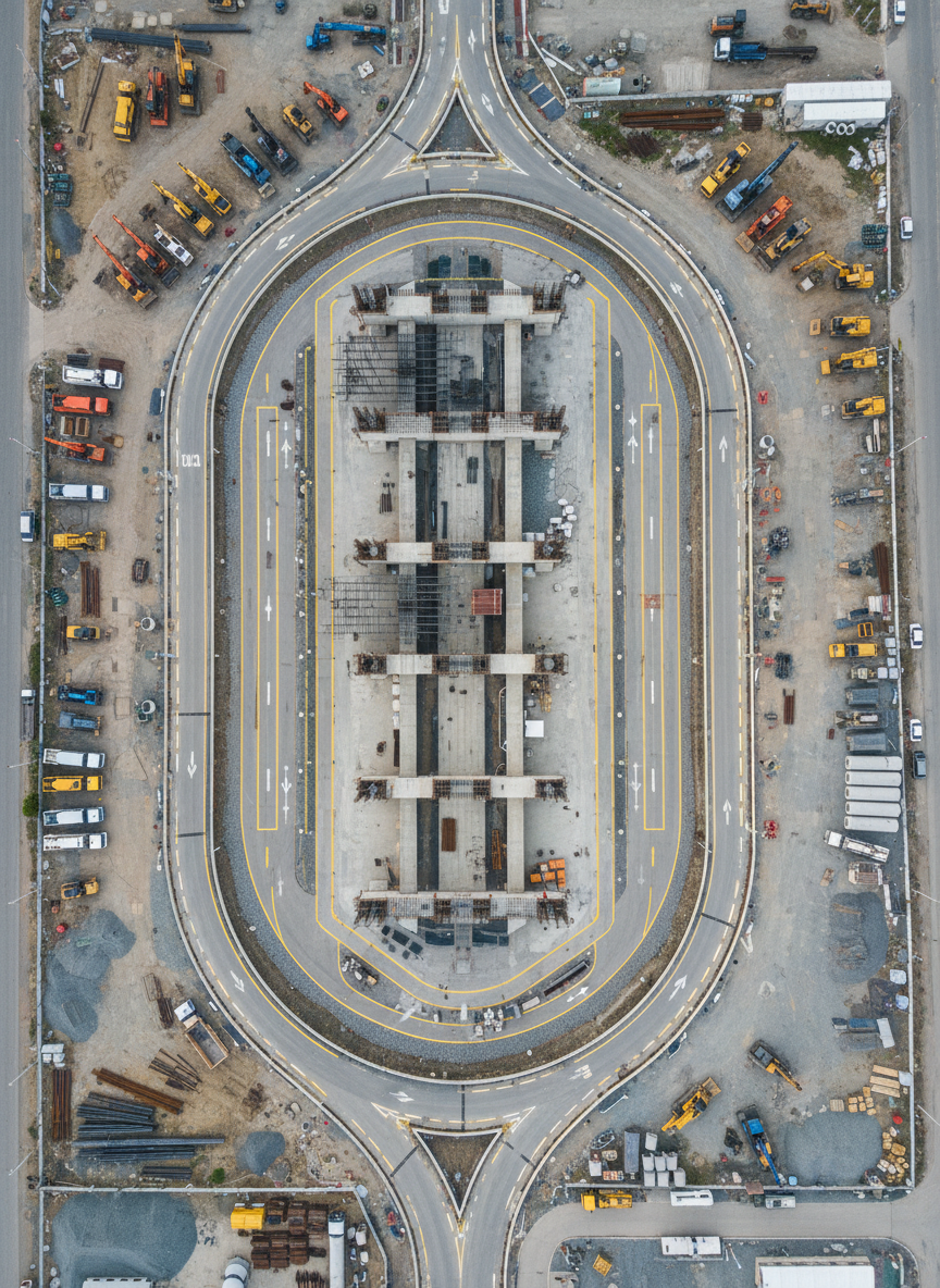 An expansive aerial view of a meticulously organized construction site for urban infrastructure, with cleanly aligned concrete foundations, geometric rebar grids, and crisply painted safety demarcations in yellow and white. Surrounding the central work area, neatly parked engineering machinery and material stacks form orderly clusters on compacted earth and gravel. Soft, diffused afternoon sunlight from a lightly overcast sky creates minimal shadows and an even, professional tone across the scene. The composition follows a balanced, top-down perspective that emphasizes structure, planning, and precision. The photographic realism and neutral color palette of grays, beiges, and muted industrial tones convey a corporate, trustworthy atmosphere, highlighting large-scale engineering capacity without any human presence.
