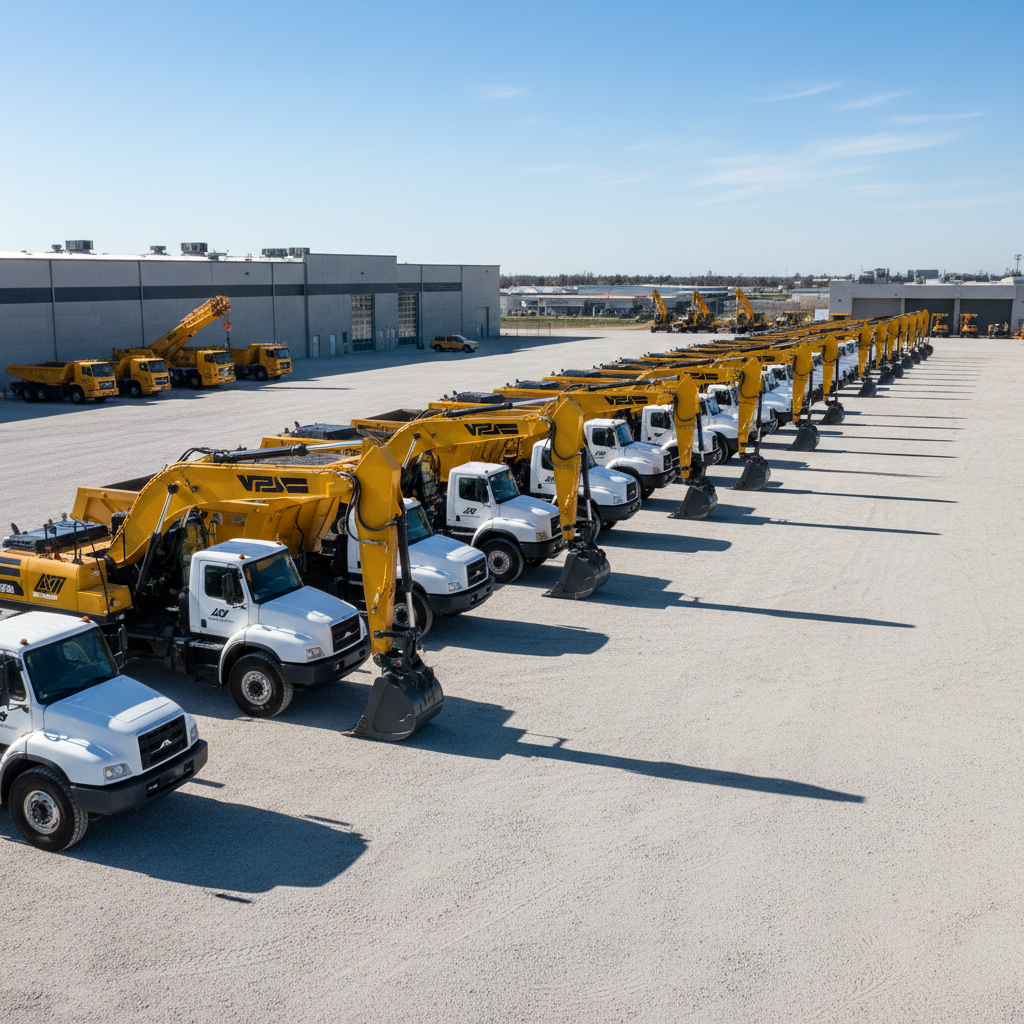 A carefully organized equipment yard of an engineering company, showcasing a row of immaculately maintained yellow and white construction machines and service vehicles aligned with mathematical precision on a smooth, compacted gravel surface. Each vehicle displays clean, minimal branding and subtle reflective details on its metallic surfaces. The scene is lit by clear, bright daytime sunlight, creating crisp but not harsh shadows that underscore the orderliness of the layout. Captured from a slightly elevated, three-quarter perspective, the composition follows the rule of thirds, drawing the viewer’s eye along the linear arrangement of equipment toward a distant, low industrial building with a neutral facade. The overall mood is disciplined, operationally strong, and corporate, with a photographic, clean, and modern aesthetic that emphasizes capacity and readiness.