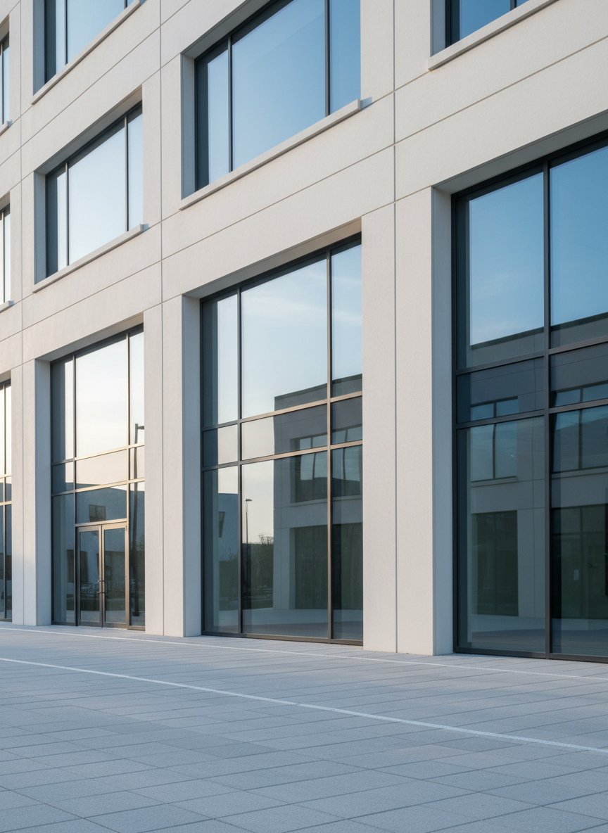 A meticulously finished commercial building facade representing high-quality engineering and edification, with smooth off-white concrete walls, precise structural joints, and large, reflective glass panels framed by dark aluminum. In the foreground, a pristine paved entrance area with subtle directional lines leads the eye toward the main structure. Early morning natural light washes the facade with a soft, cool tone, creating gentle reflections in the glass and discreet shadows along architectural details. The camera captures the scene from a slightly low angle, emphasizing solidity, modernity, and verticality. The atmosphere is calm, orderly, and professional, with a photographic realism aesthetic and a clean, corporate composition that showcases the company’s capability in delivering sophisticated building projects for public and private clients.