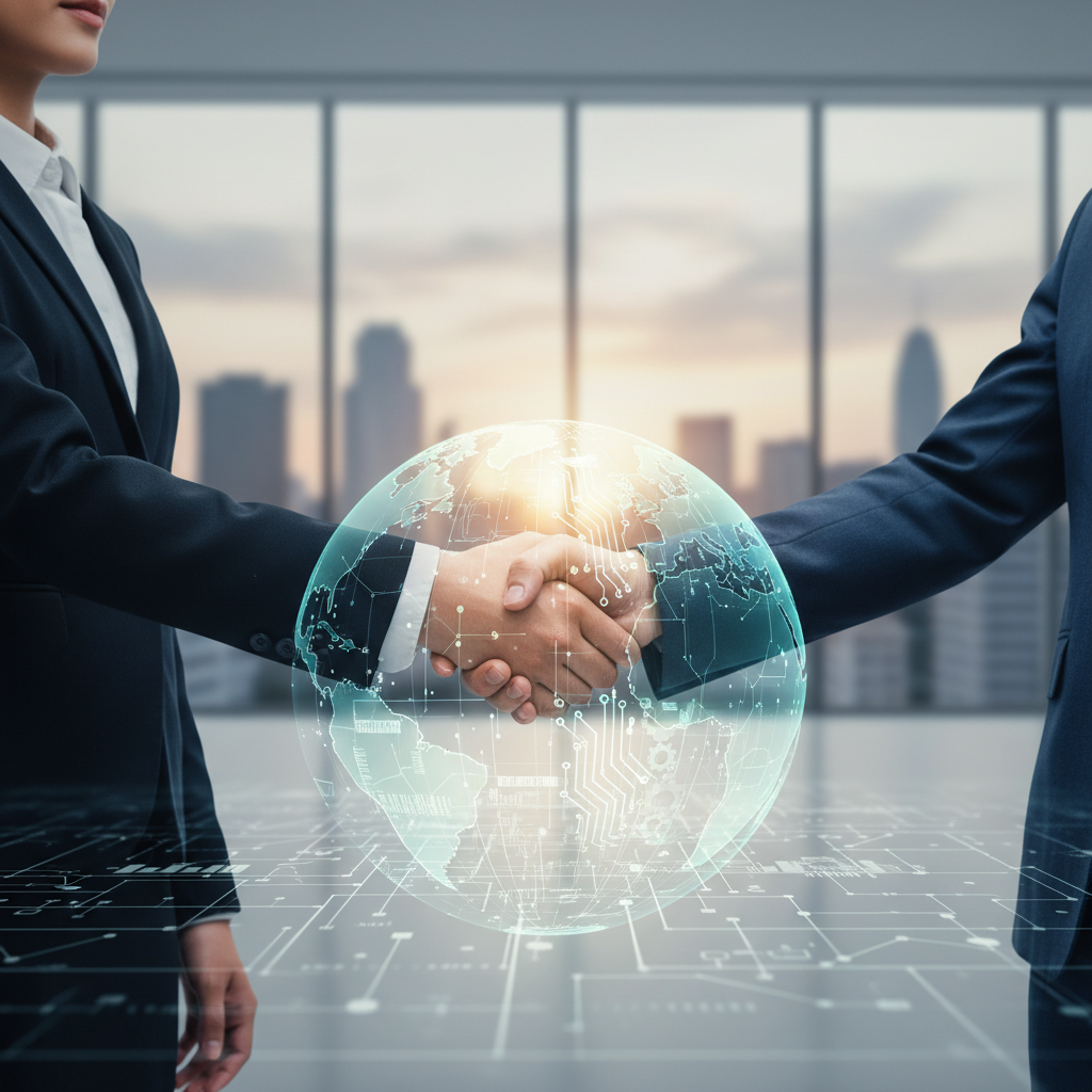 Imagem profissional sem texto representando um programa de integridade, mostrando aperto de mãos entre pessoas de negócios, com elementos sutis de engenharia, usando a paleta de cores do site.